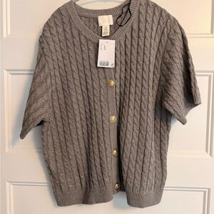 NWT H&M Gray Cable Knit Short Sleeved Cardigan with Gold Buttons, XL